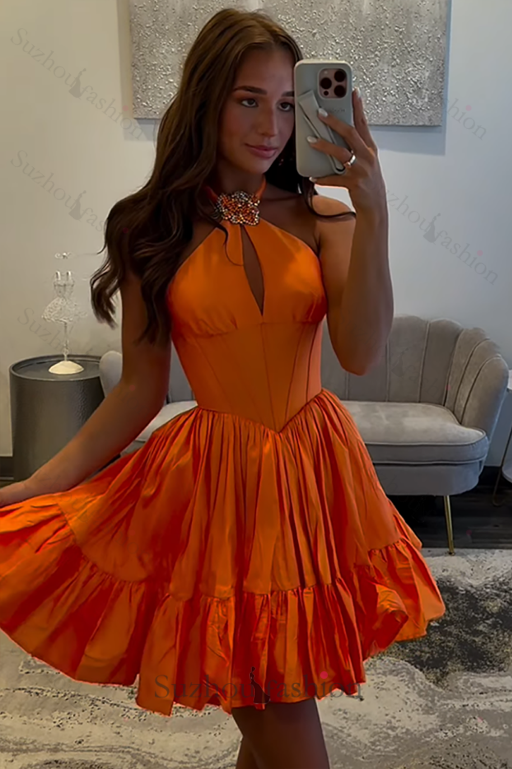 Orange A Line Homecoming Dresses Halter Ruffled Short Corset Cocktail Dresses