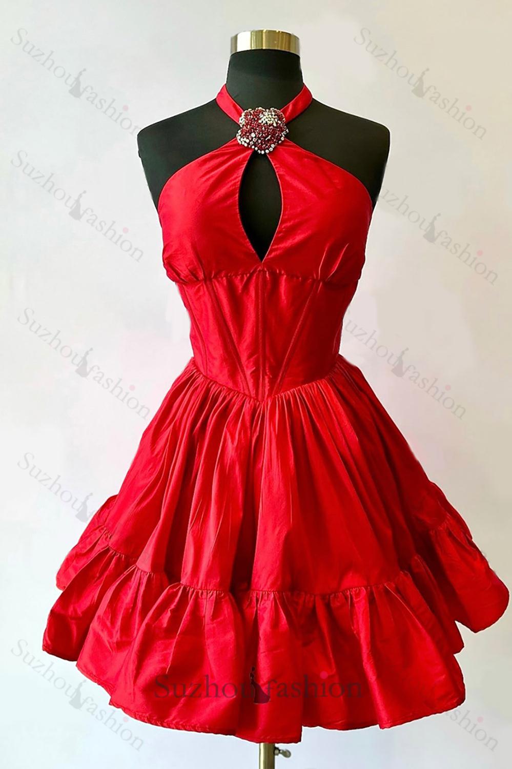 Orange A Line Homecoming Dresses Halter Ruffled Short Corset Cocktail Dresses