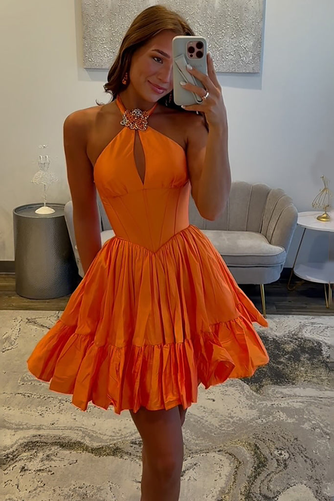 orange corset homecoming dress Suzhoufashion A Line Dresses Halter Ruffled Short Cocktail Dresses black winter formal dress formal occasions Brinley Burgundy Modest Bridesmaids Color:stone