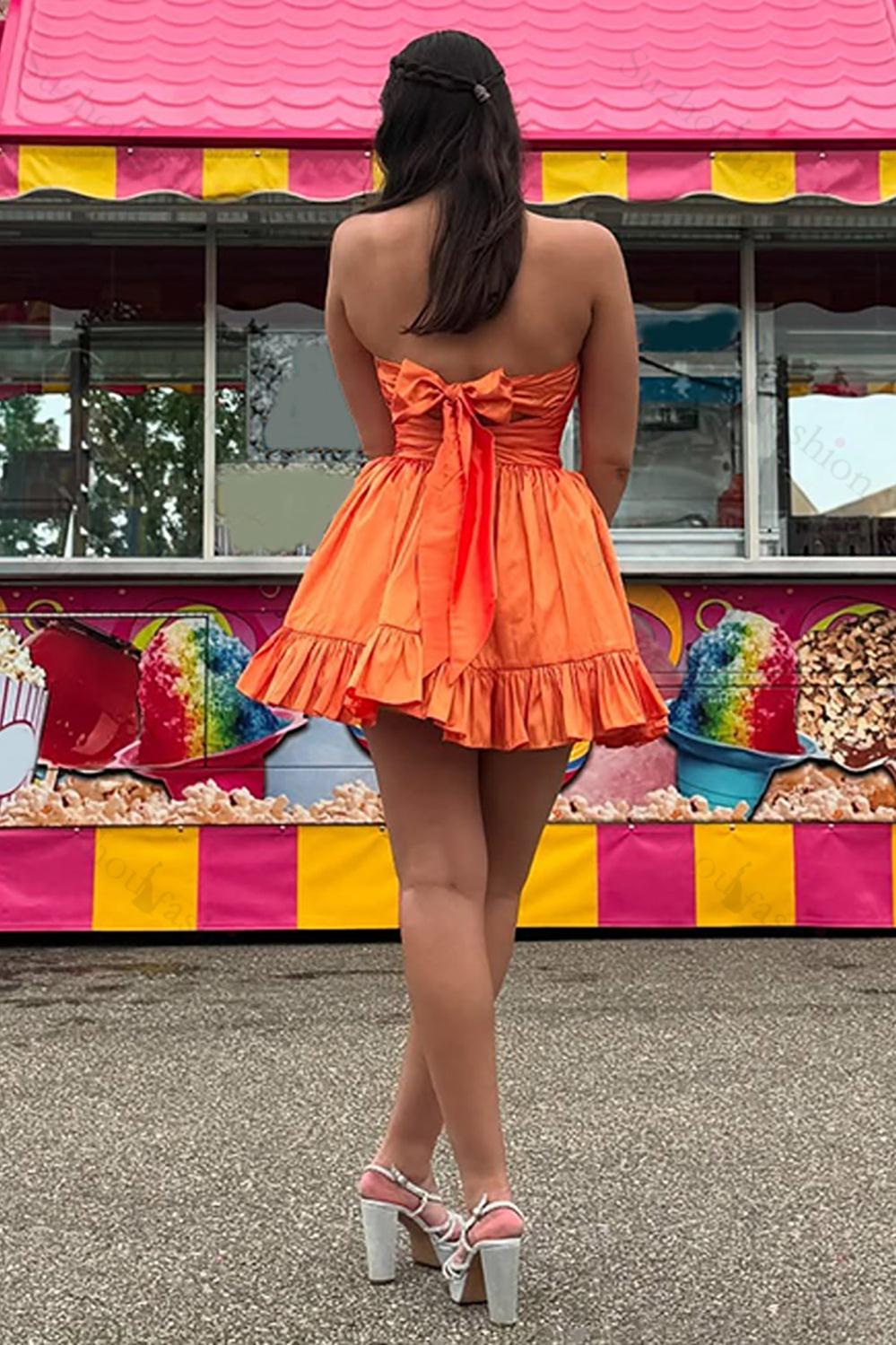 Orange A Line Homecoming Dresses Strapless Ruffled Short Cocktail Dresses With Pockets