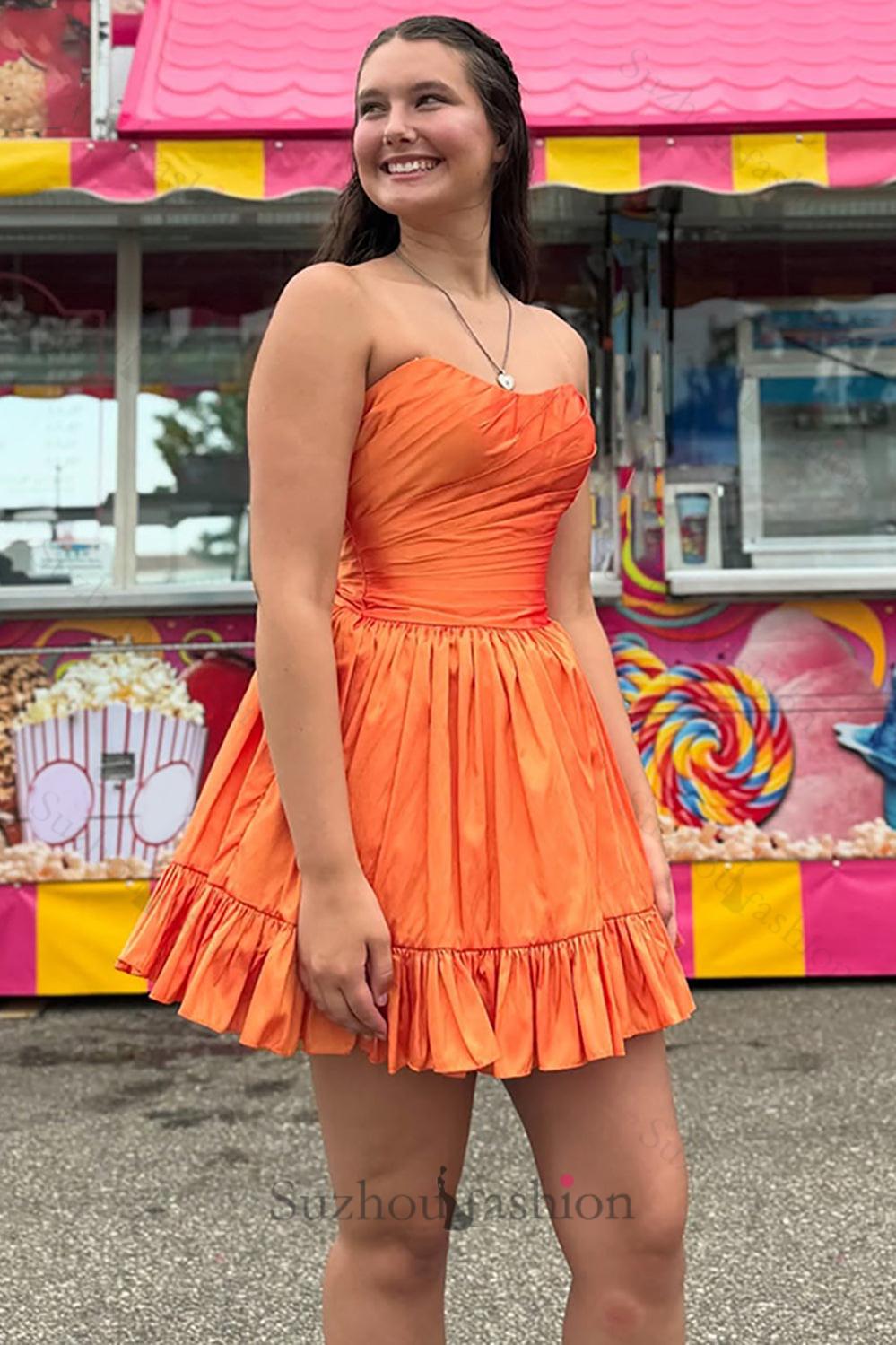 homecoming orange dresses Suzhoufashion Orange A Line Homecoming Dresses Strapless Ruffled Short Cocktail Dresses With Pockets