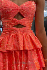 Orange A Line Homecoming Dresses Tiered Short Cocktail Dresses With Beading