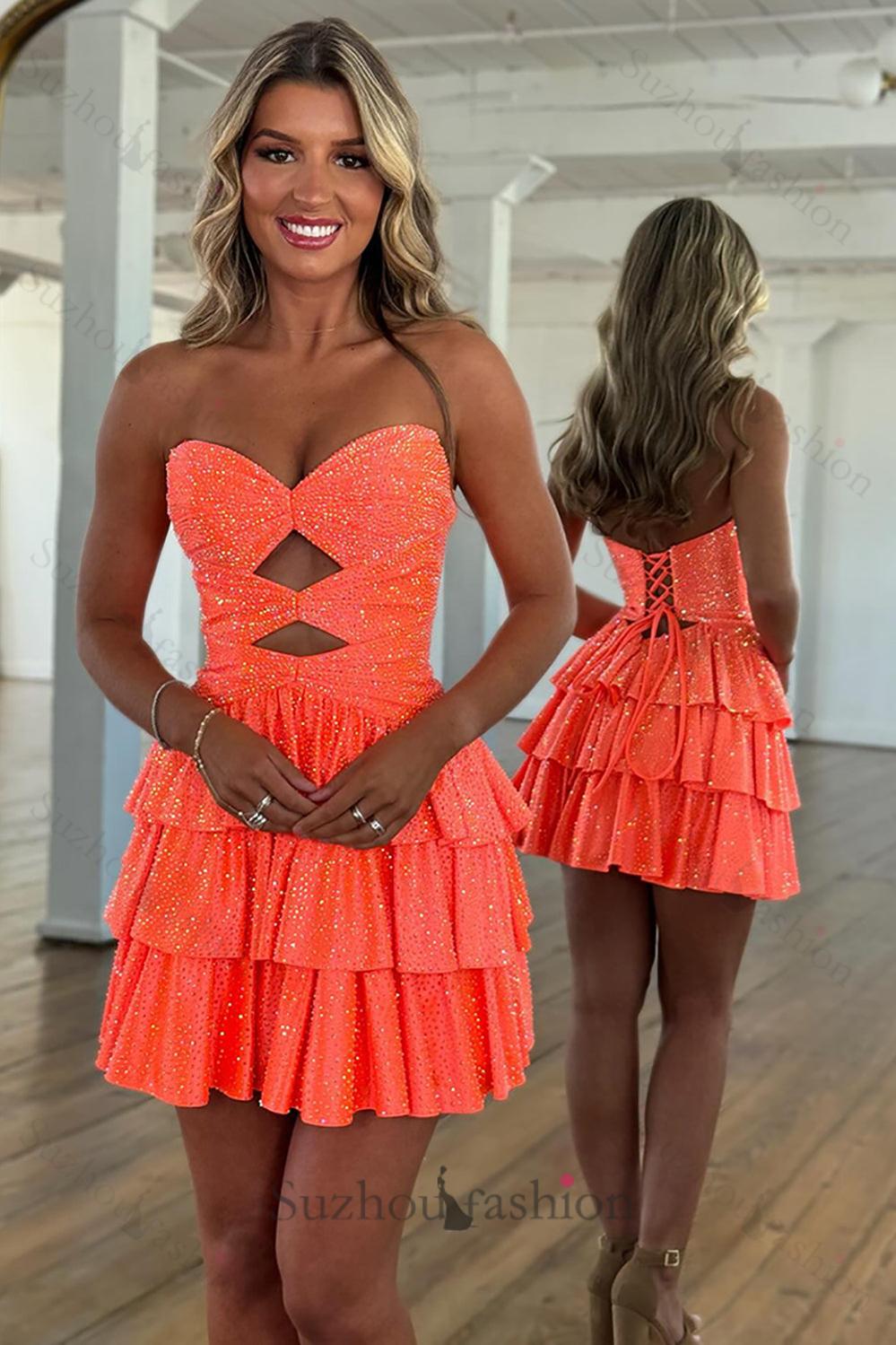 Orange A Line Homecoming Dresses Tiered Short Cocktail Dresses With Beading