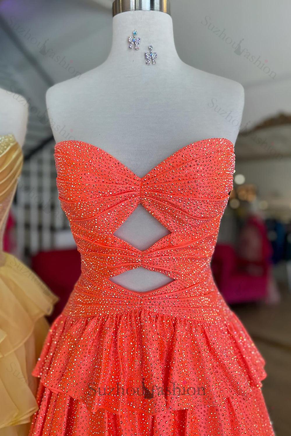 Orange A Line Homecoming Dresses Tiered Short Cocktail Dresses With Beading