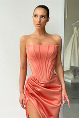 Orange High-split Strapless Pleats Evening Prom Dresses with court train