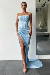 Orange High-split Strapless Pleats Evening Prom Dresses with court train