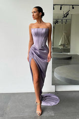 Orange High-split Strapless Pleats Evening Prom Dresses with court train