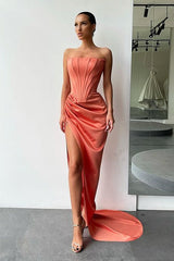 Orange High-split Strapless Pleats Evening Prom Dresses with court train