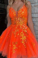 Orange Homecoming Dresses A-Line Spaghetti Straps Short Cocktail Dresses with Sequin