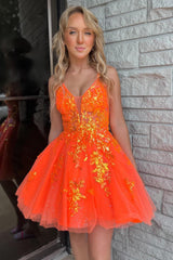 Orange Homecoming Dresses A-Line Spaghetti Straps Short Cocktail Dresses with Sequin
