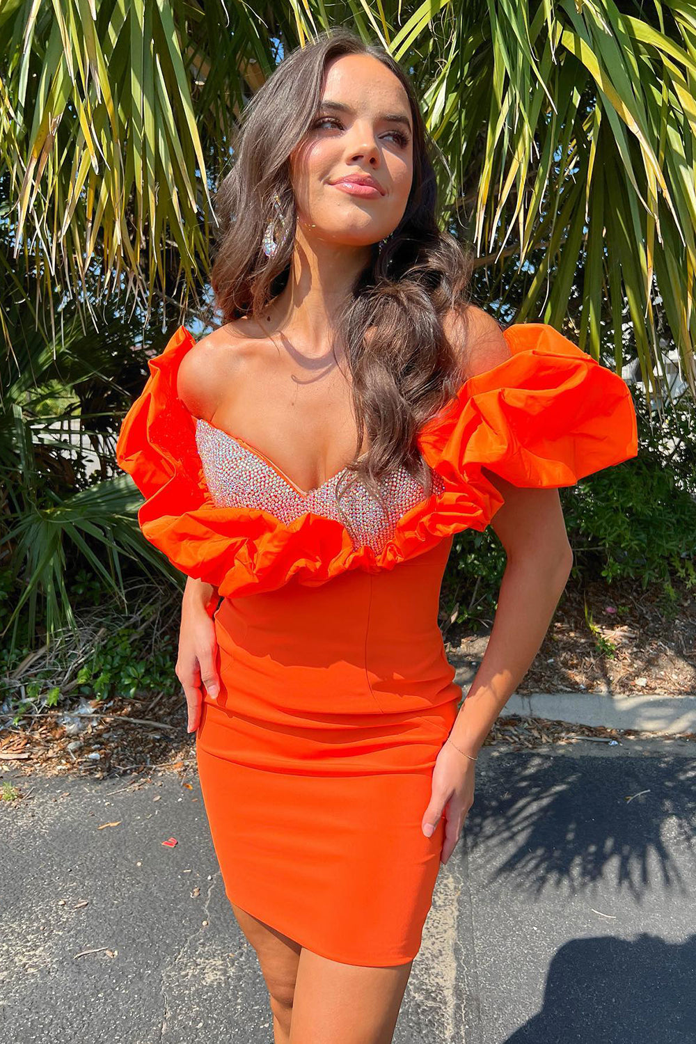 Orange Homecoming Dresses Off The Shoulder Bodycon Beaded Prom Dress