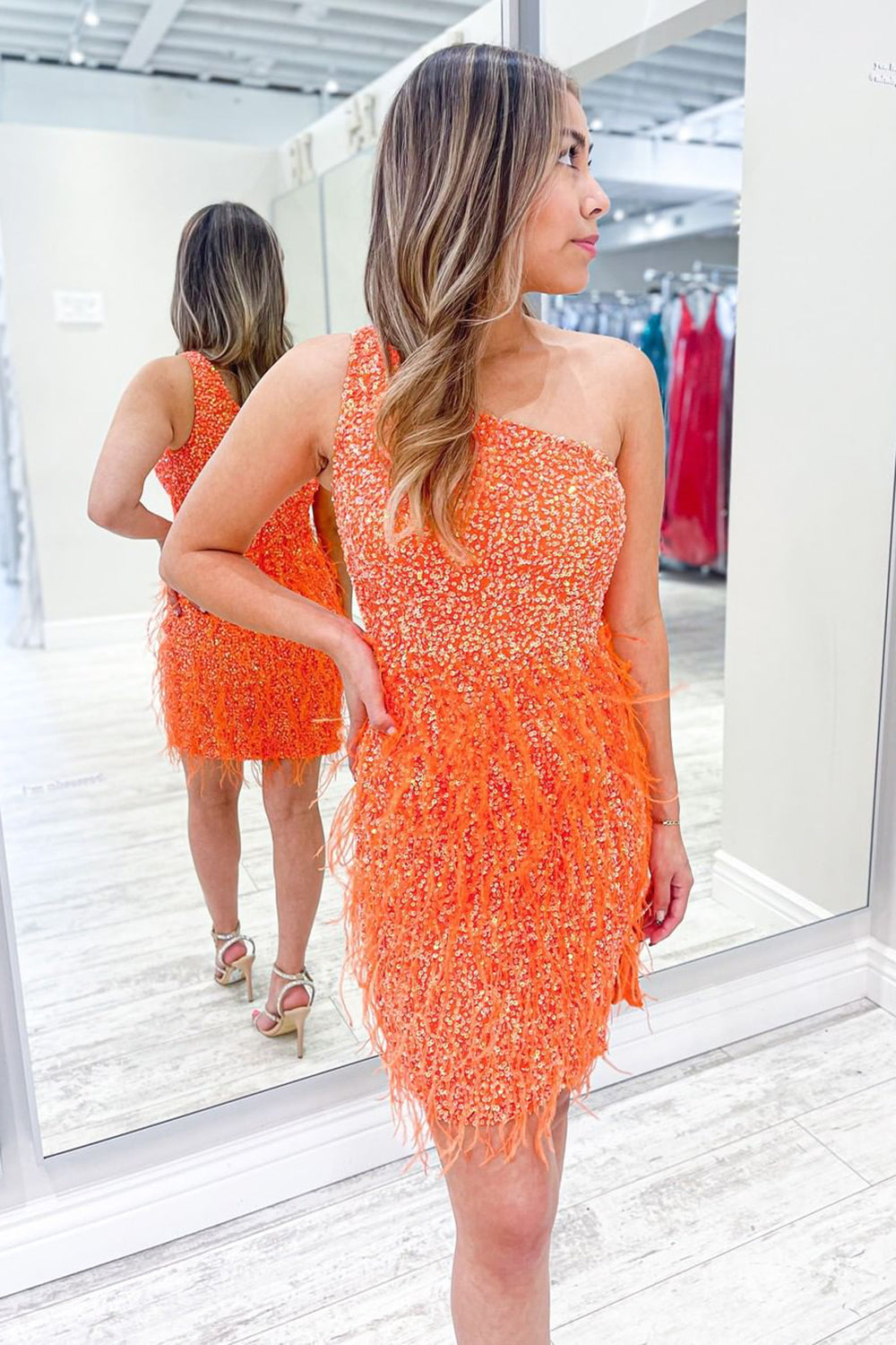 Orange Homecoming Dresses One Shoulder Sequin Tight Prom Dress with Feathers