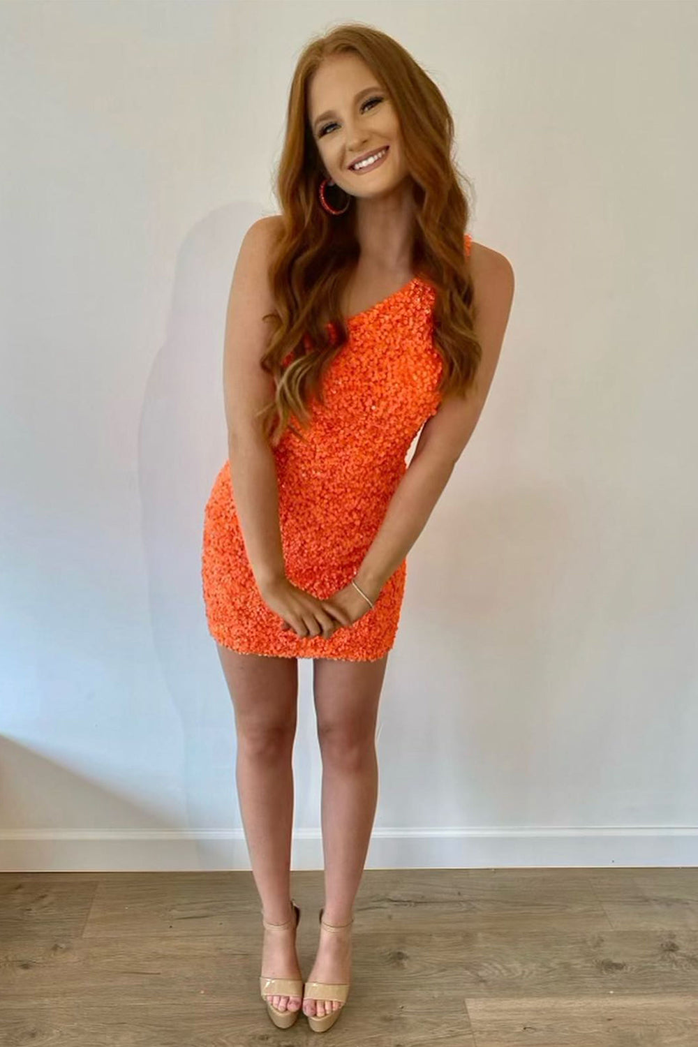 Orange Homecoming Dresses One Shoulder Sequined Prom Dress