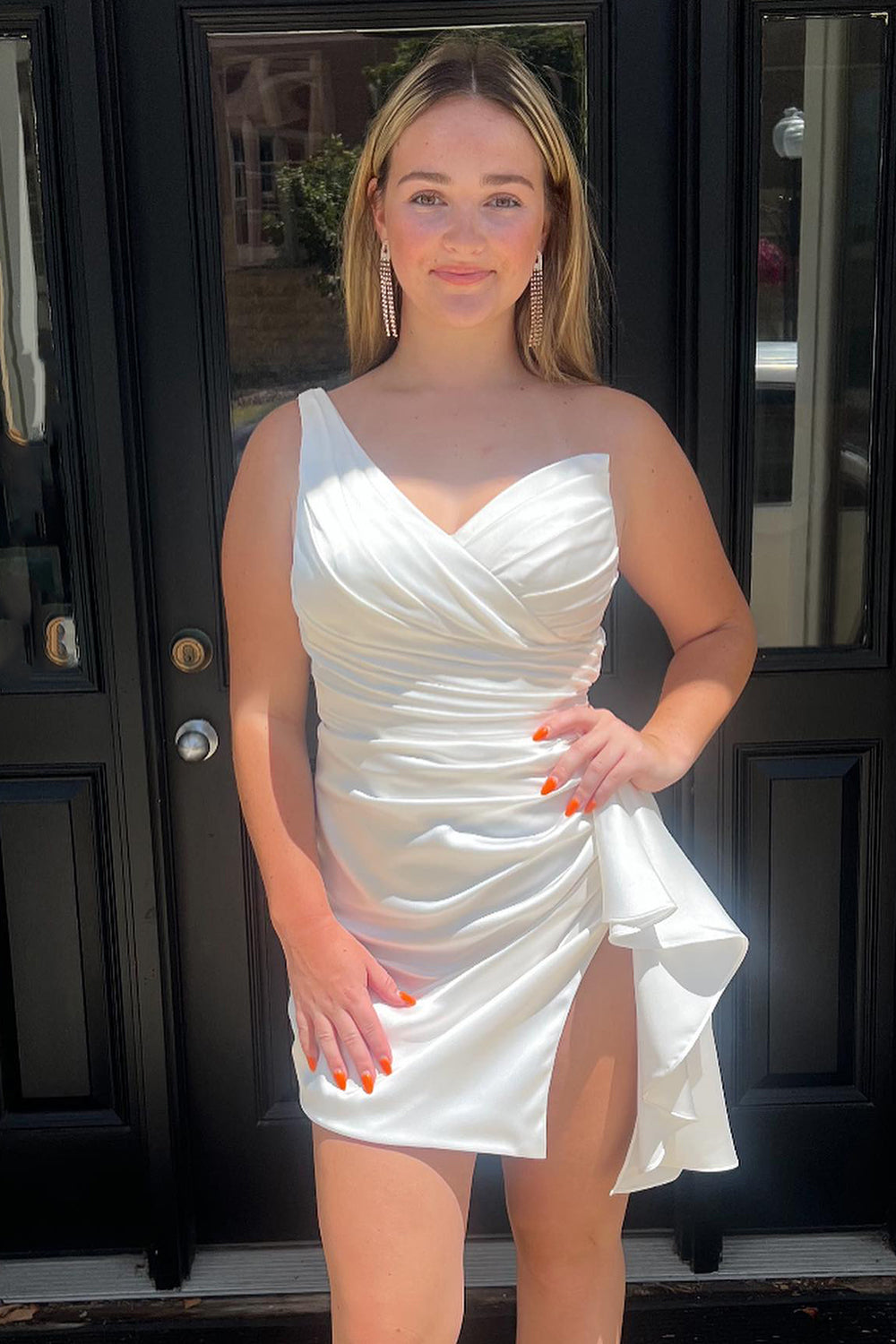 Orange Homecoming Dresses One Shoulder Tight Satin Prom Dress with Slit