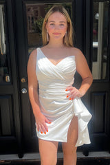Orange Homecoming Dresses One Shoulder Tight Satin Prom Dress with Slit