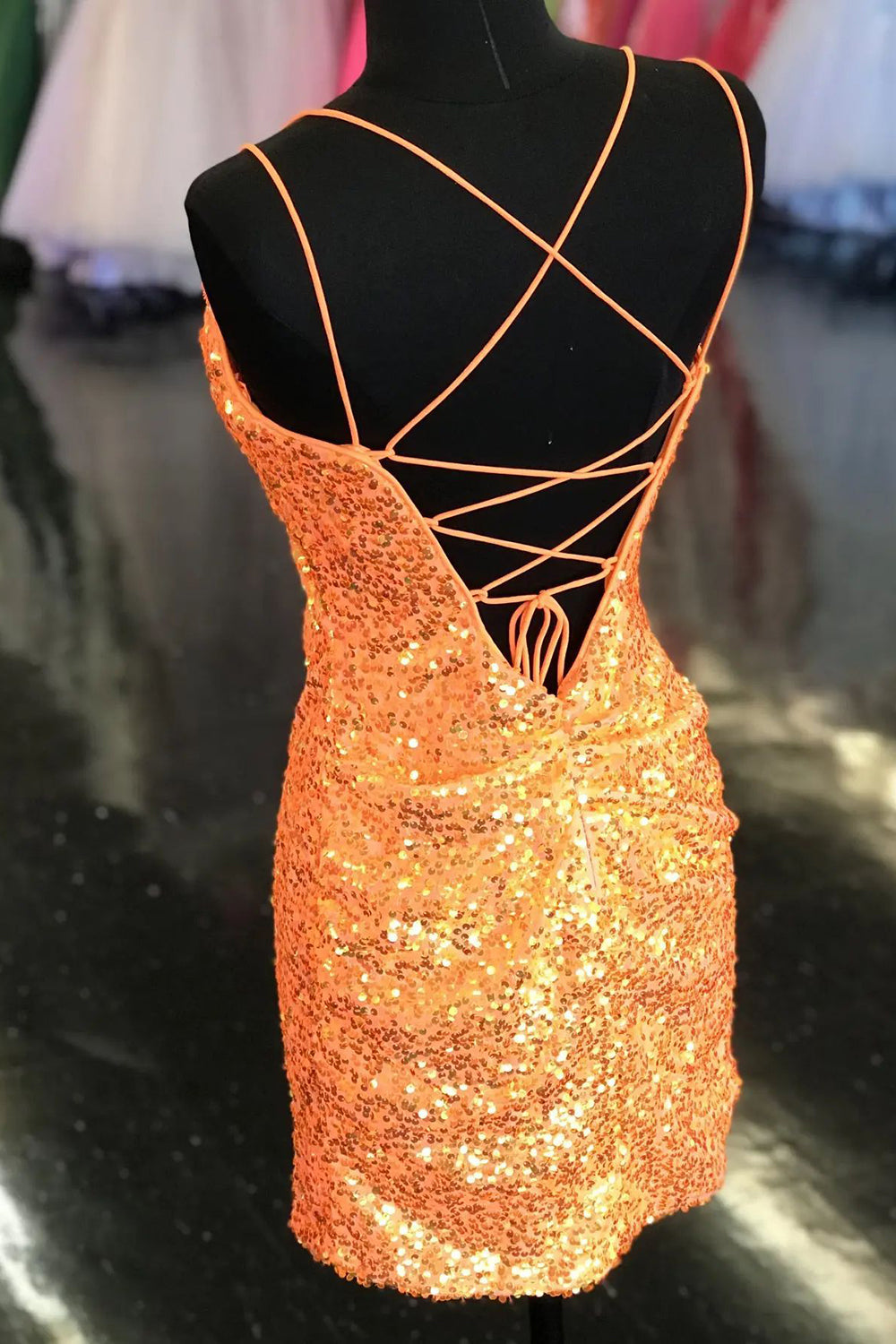 Orange Homecoming Dresses Sequined Tight Short Cocktail Dresses