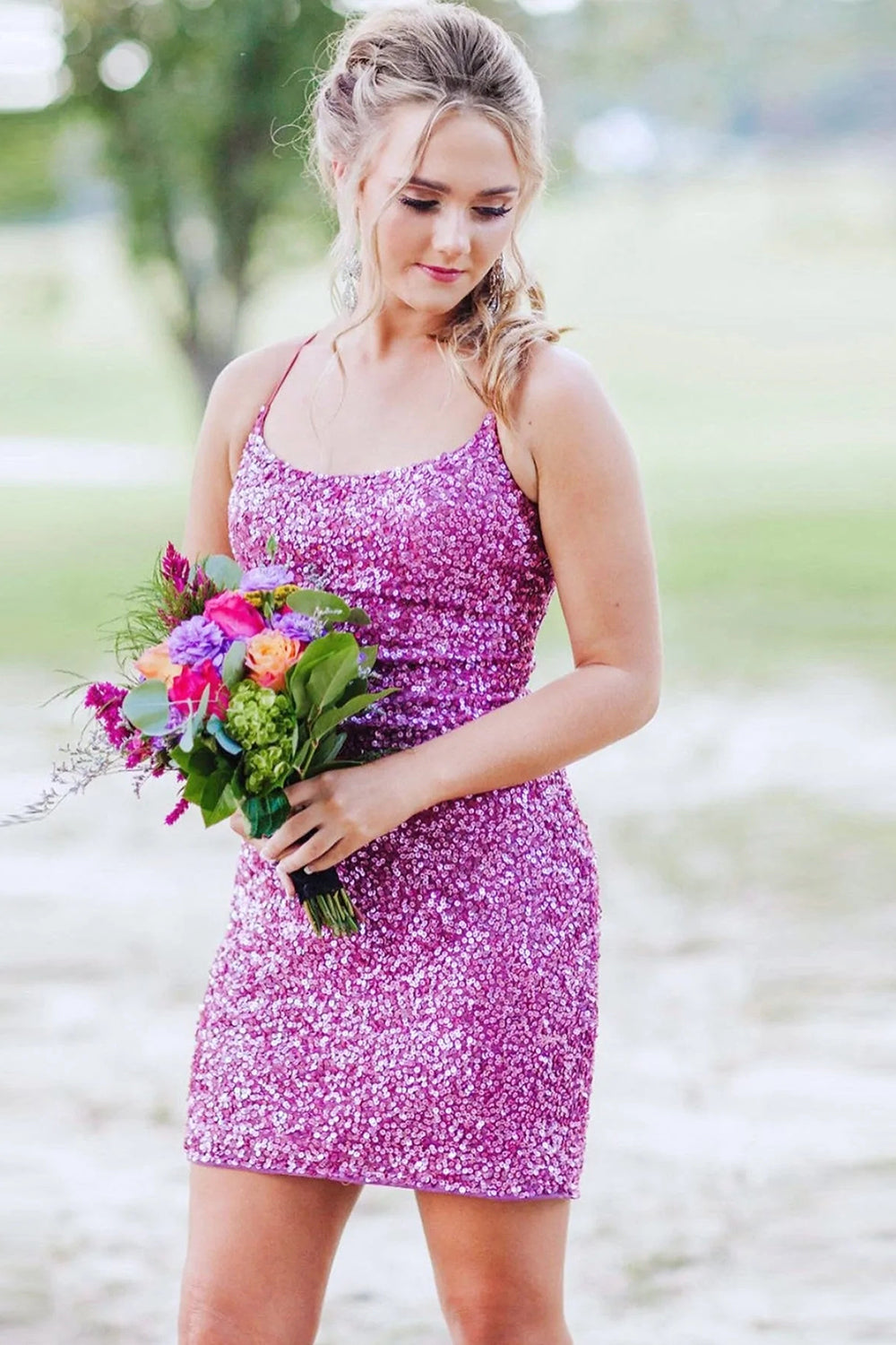 Orange Homecoming Dresses Spaghetti Straps Backless Sequin Tight Prom Dress