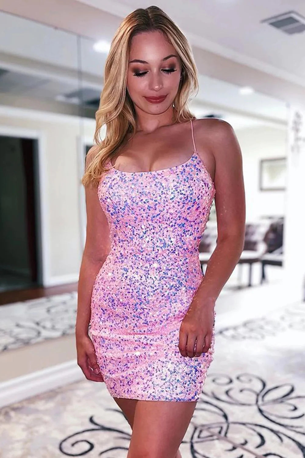Orange Homecoming Dresses Spaghetti Straps Backless Sequin Tight Prom Dress