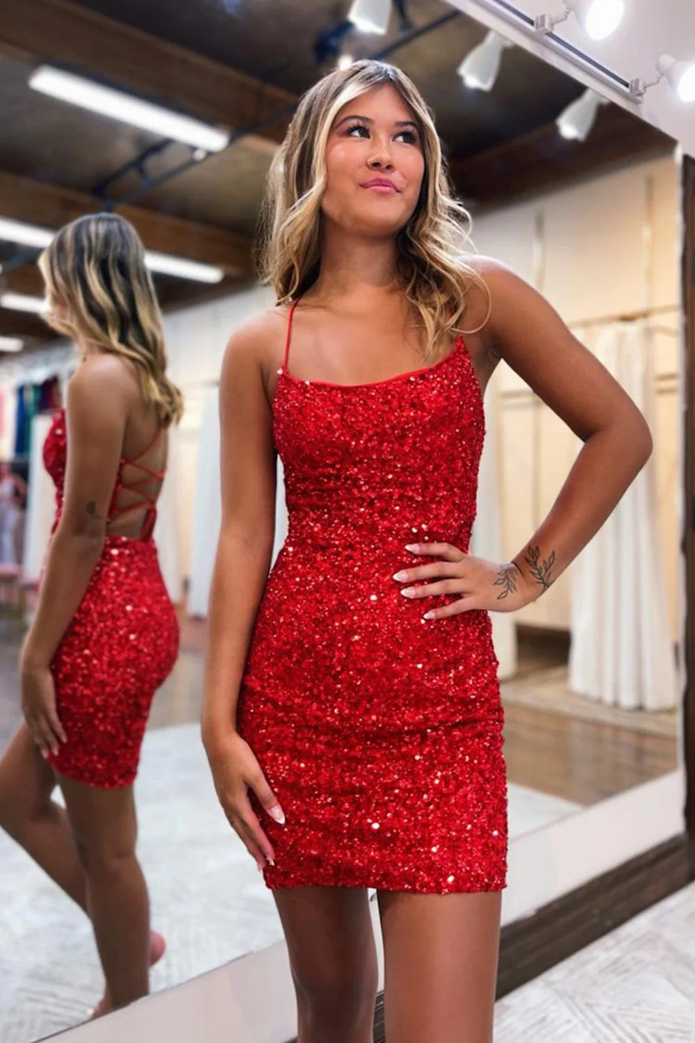 Orange Homecoming Dresses Spaghetti Straps Backless Sequin Tight Prom Dress