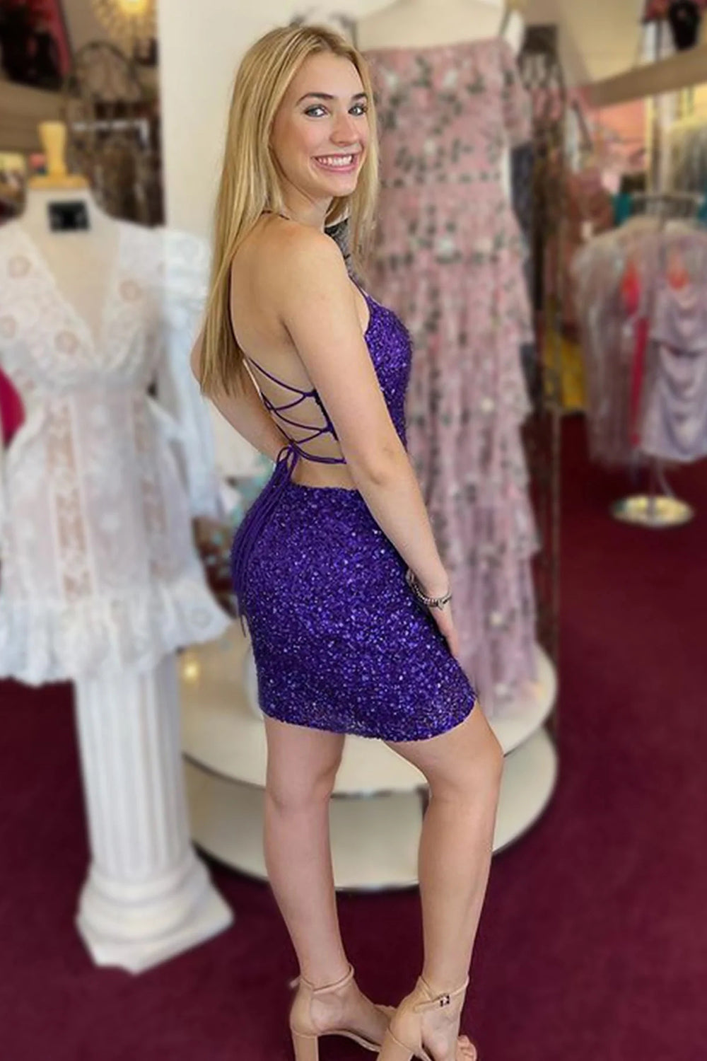Orange Homecoming Dresses Spaghetti Straps Backless Sequin Tight Prom Dress
