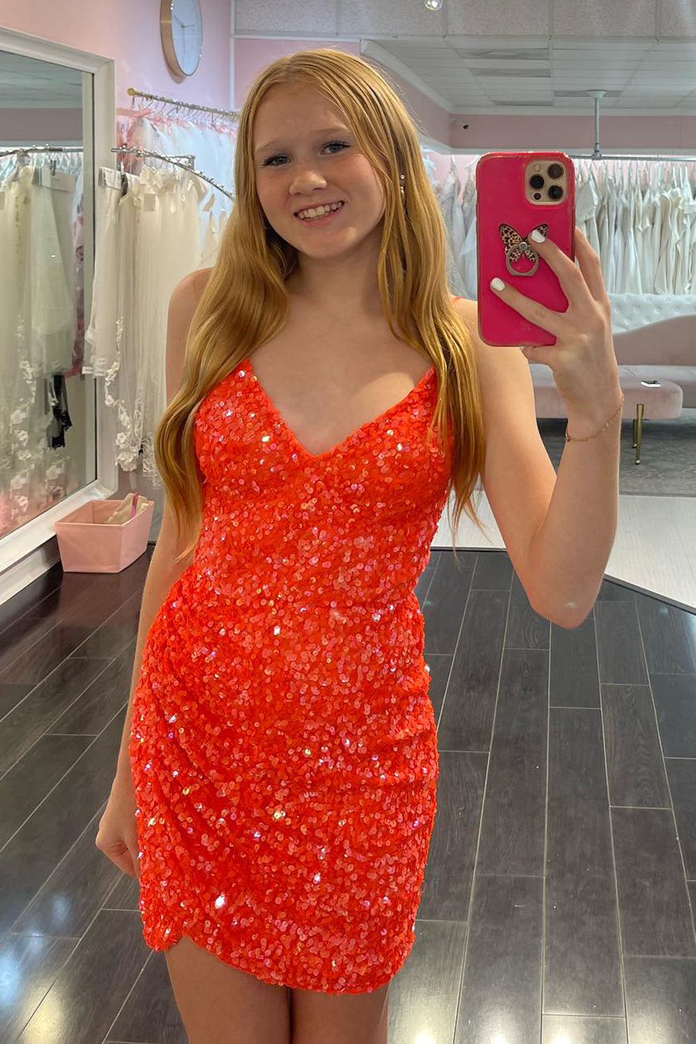 Orange Homecoming Dresses Spaghetti Straps Short Tight Prom Dress