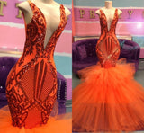 Orange Mermaid Lace Appliques Prom Dresses | Tulle Ruffles Sexy V-neck Evening Gowns