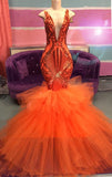Orange Mermaid Lace Appliques Prom Dresses  | Tulle Ruffles Sexy V-neck Evening Gowns