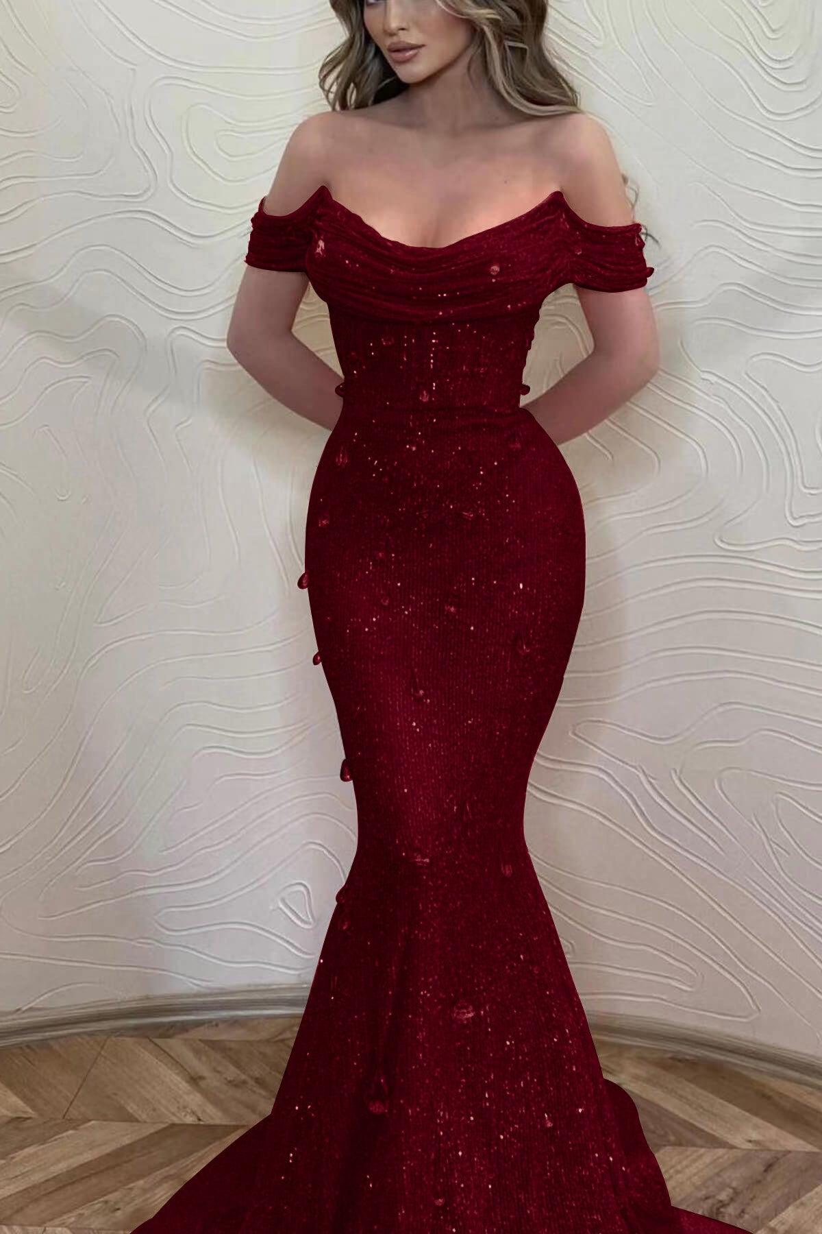 Orange Off the Shoulder Strapless Sleeveless Evening Formal Dress With Sequined Mermaid