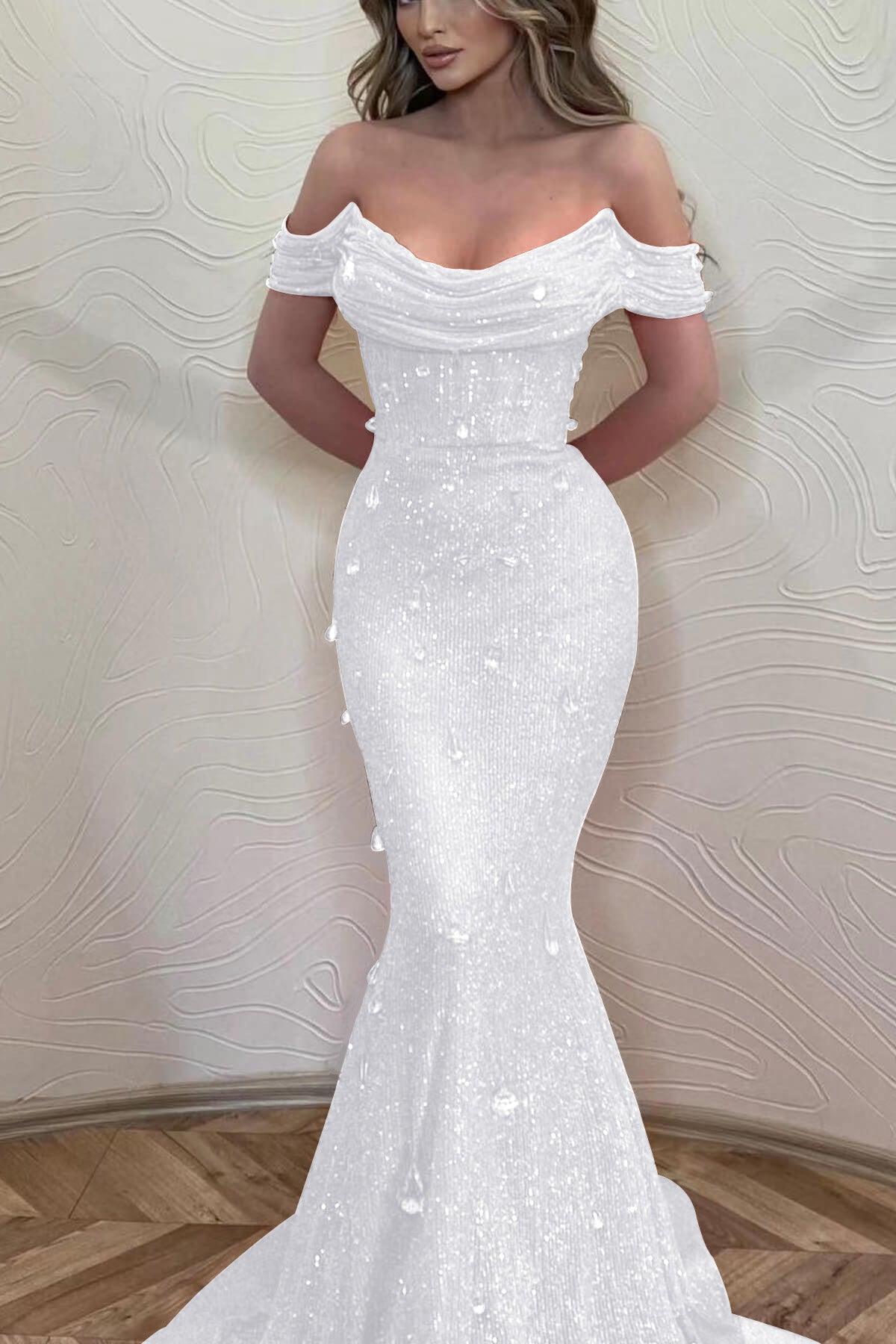 Orange Off the Shoulder Strapless Sleeveless Evening Formal Dress With Sequined Mermaid