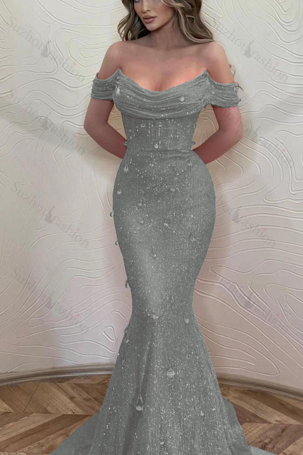 Orange Off the Shoulder Strapless Sleeveless Evening Formal Dress With Sequined Mermaid