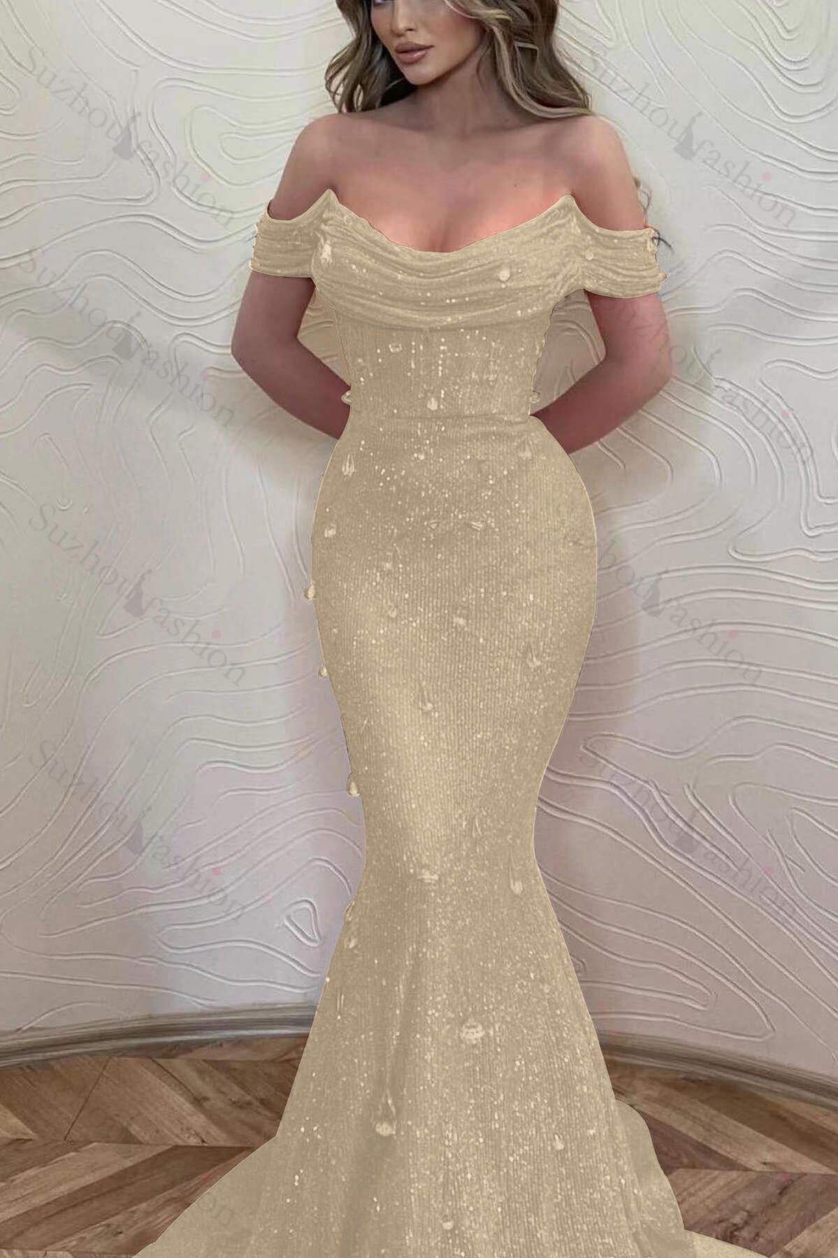 Orange Off the Shoulder Strapless Sleeveless Evening Formal Dress With Sequined Mermaid