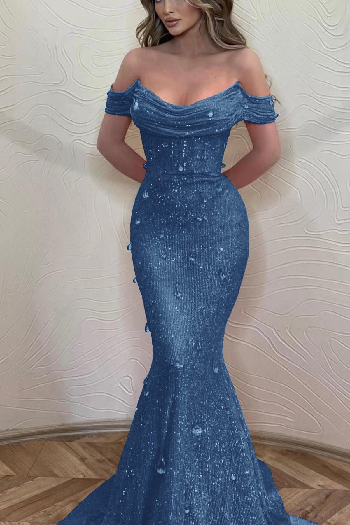 Orange Off the Shoulder Strapless Sleeveless Evening Formal Dress With Sequined Mermaid