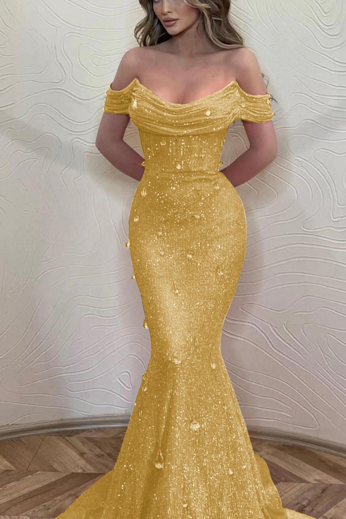 Orange Off the Shoulder Strapless Sleeveless Evening Formal Dress With Sequined Mermaid