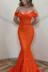 Orange Off the Shoulder Strapless Sleeveless Evening Formal Dress With Sequined Mermaid