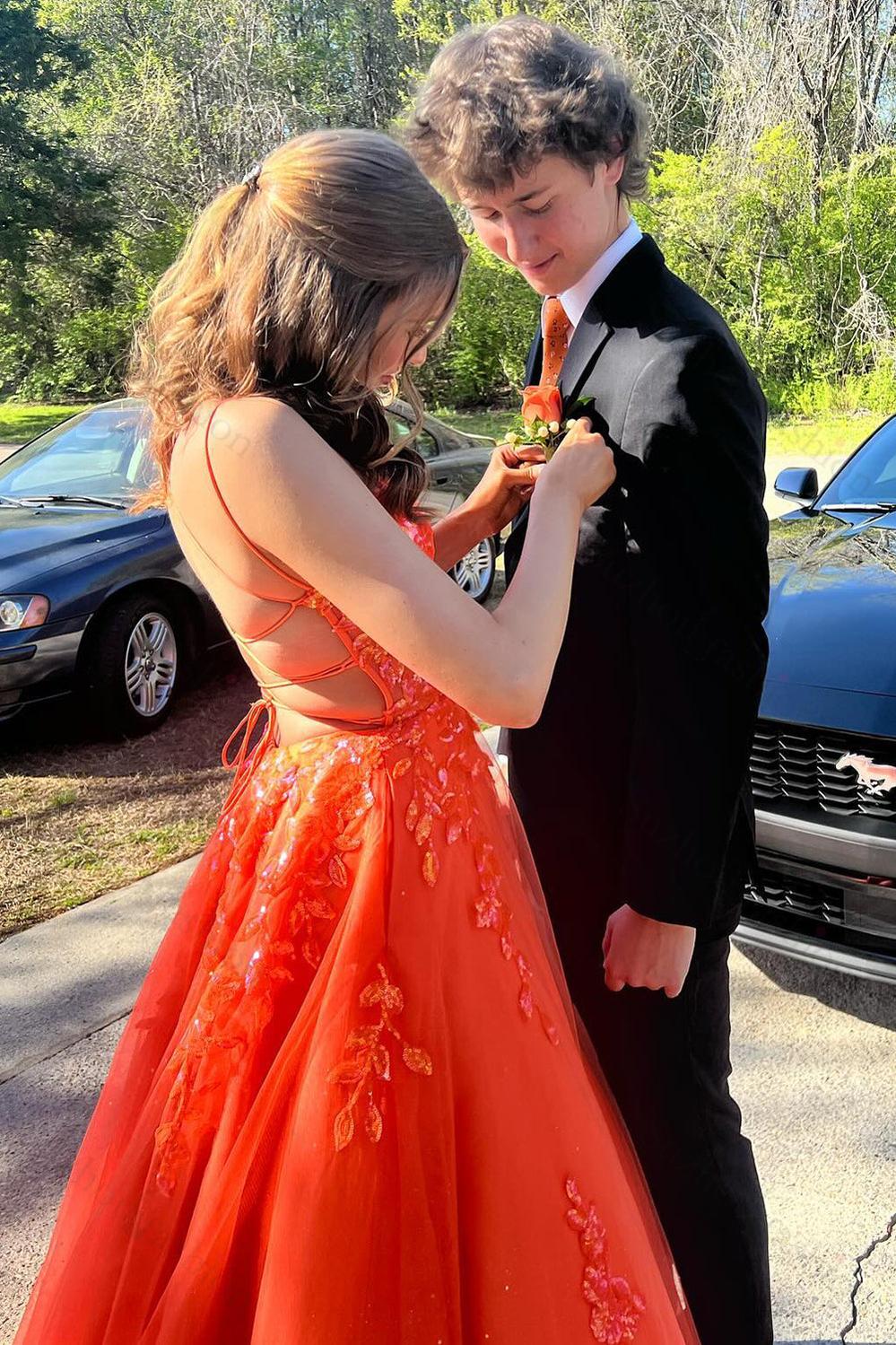 Suzhoufashion Orange Prom Dress Floral Corset A-Line Long Formal Dress