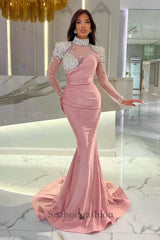 Orange Prom Dress Mermaid High Neck Formal Dress With Sleeves