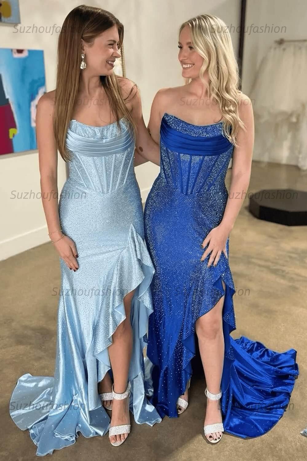 Hot Pink Beaded Prom Dress Corset Ruffled Strapless Formal Dress With Slit