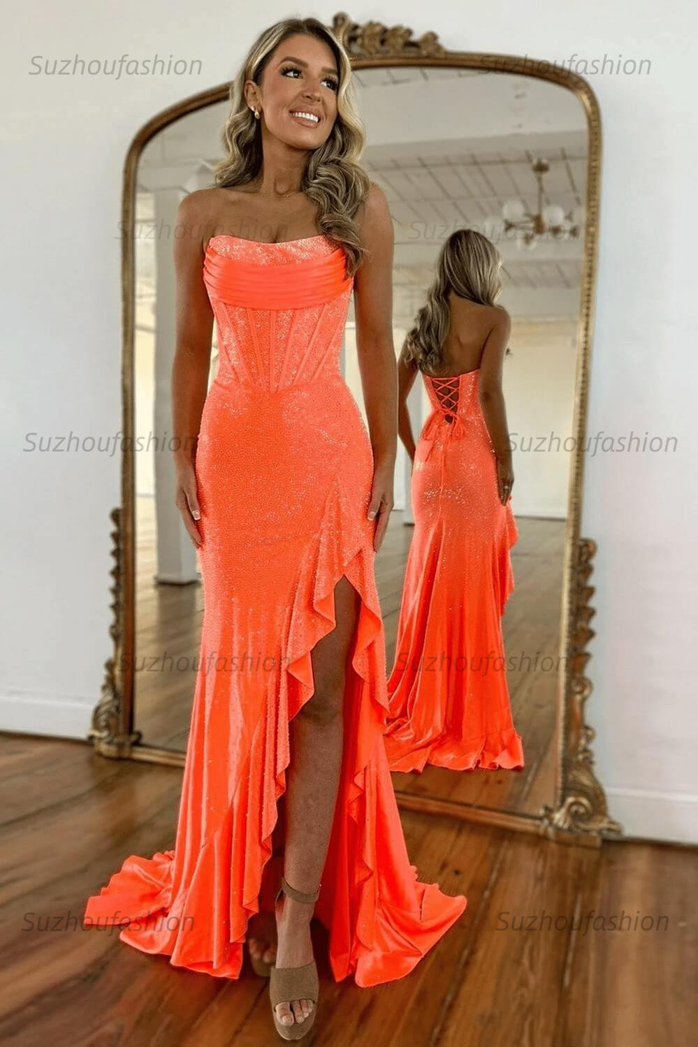 Hot Pink Beaded Prom Dress Corset Ruffled Strapless Formal Dress With Slit