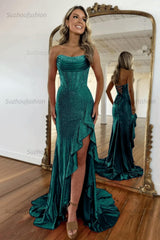 Hot Pink Beaded Prom Dress Corset Ruffled Strapless Formal Dress With Slit