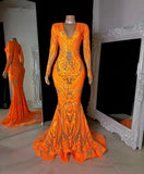 Orange Sequins V-neck Appliques Lace Floor-length Long Sleeve Mermaid Prom Dresses