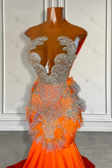 Orange Sleeveless Illusion Mermaid Prom Party Dresses With Beadings and Feather