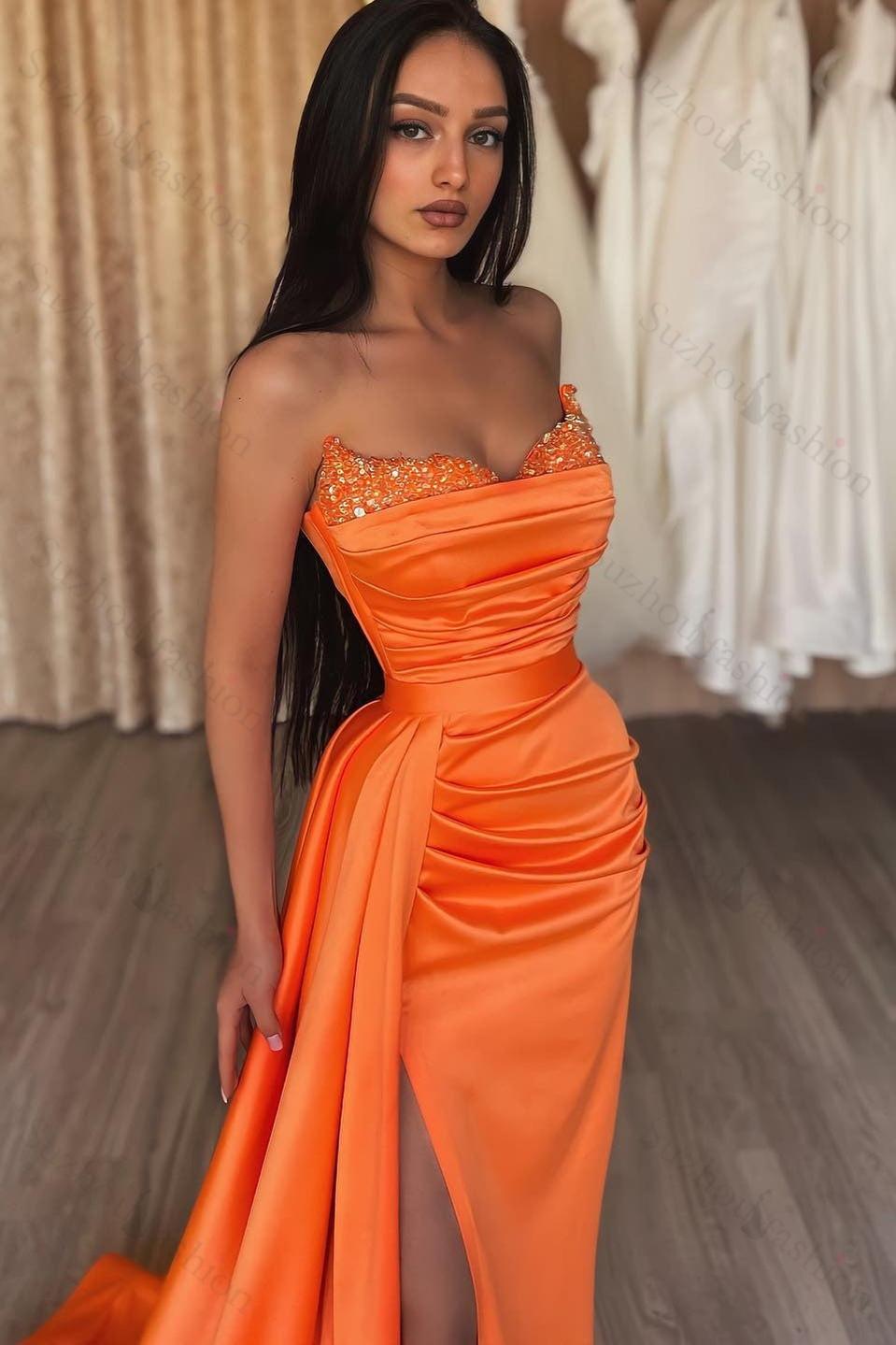 Orange Sweetheart Mermaid Evening Prom Dresses Long Slit Ruffles With Sequins