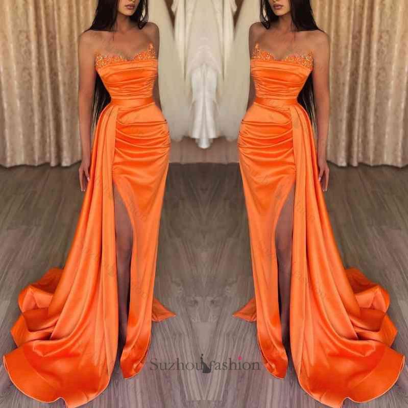 Orange Sweetheart Mermaid Evening Prom Dresses Long Slit Ruffles With Sequins