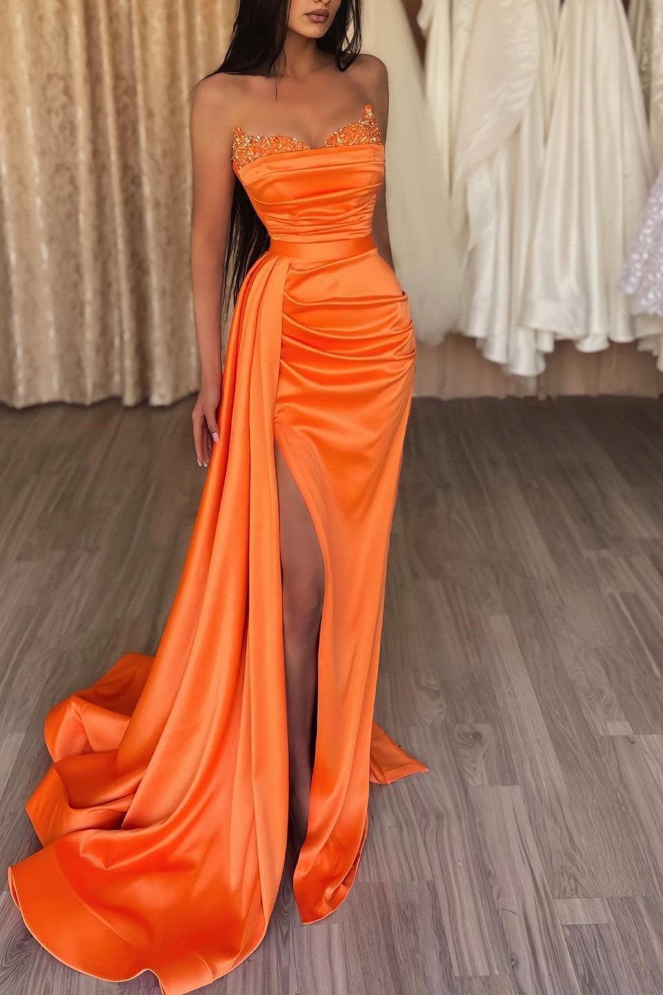 Orange Sweetheart Mermaid Evening Prom Dresses Long Slit Ruffles With Sequins