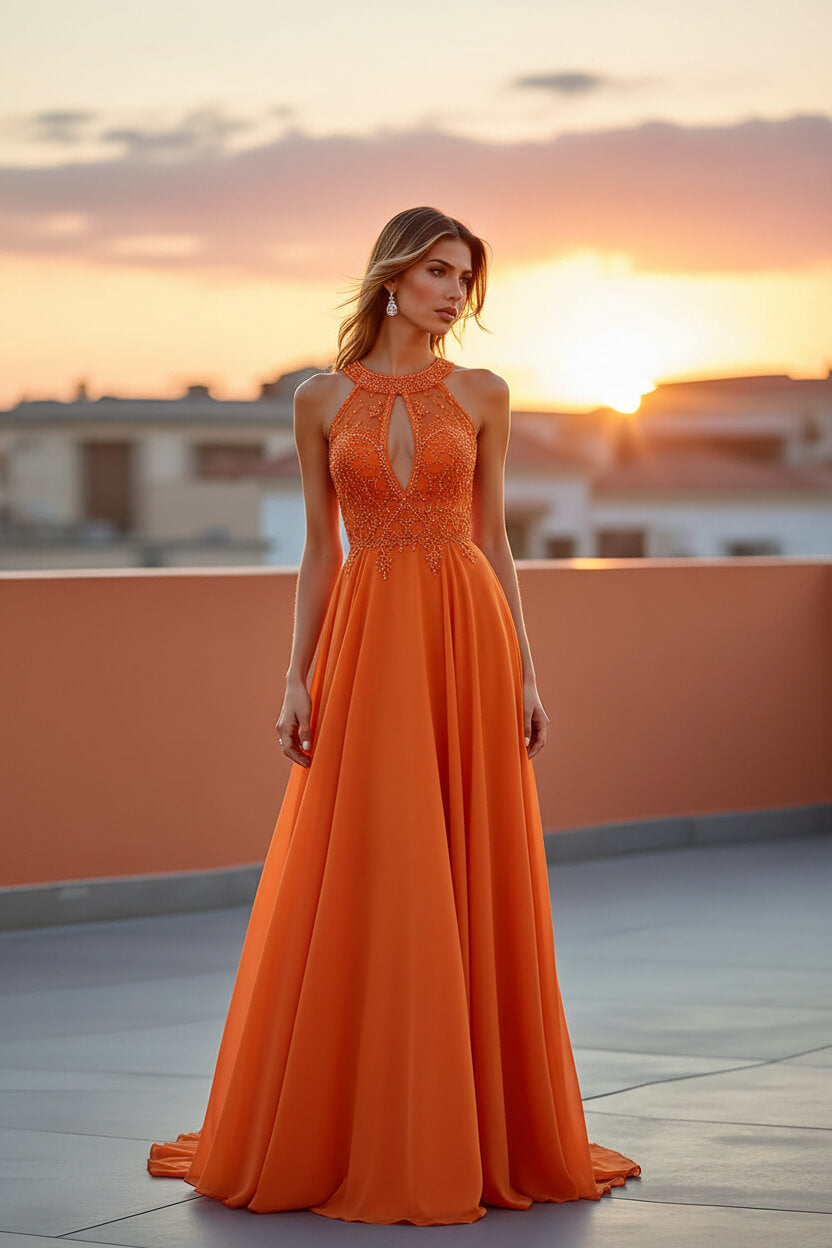 Beaded Navy Wedding Guest Dress Halter Long Formal Dress With Embroideries