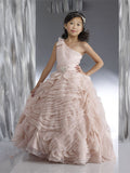Organza Flower Girl Dresses One Shoulder Bow Beading Lovely Tiered Ball Gown Pink Pageant Dress