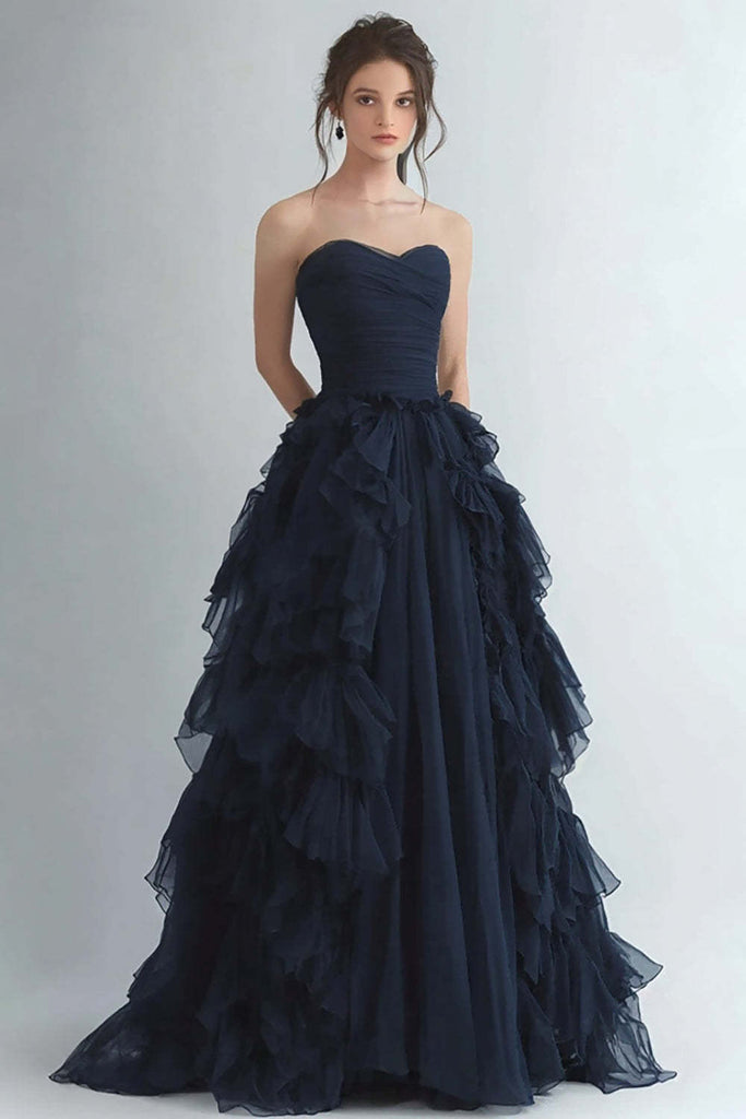 Suzhoufashion Organza Navy Wedding Guest Dress Strapless A Line Formal Dress With Ruffles