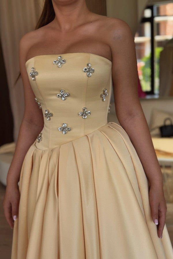 Pale Yellow Satin A Line Prom Dress with Crystal Flower Bodice