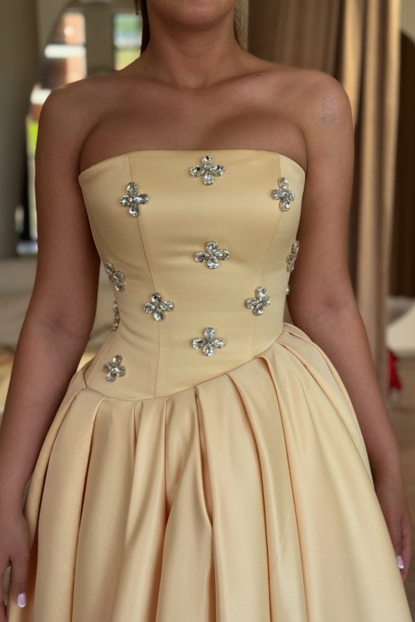 Pale Yellow Satin A Line Prom Dress with Crystal Flower Bodice