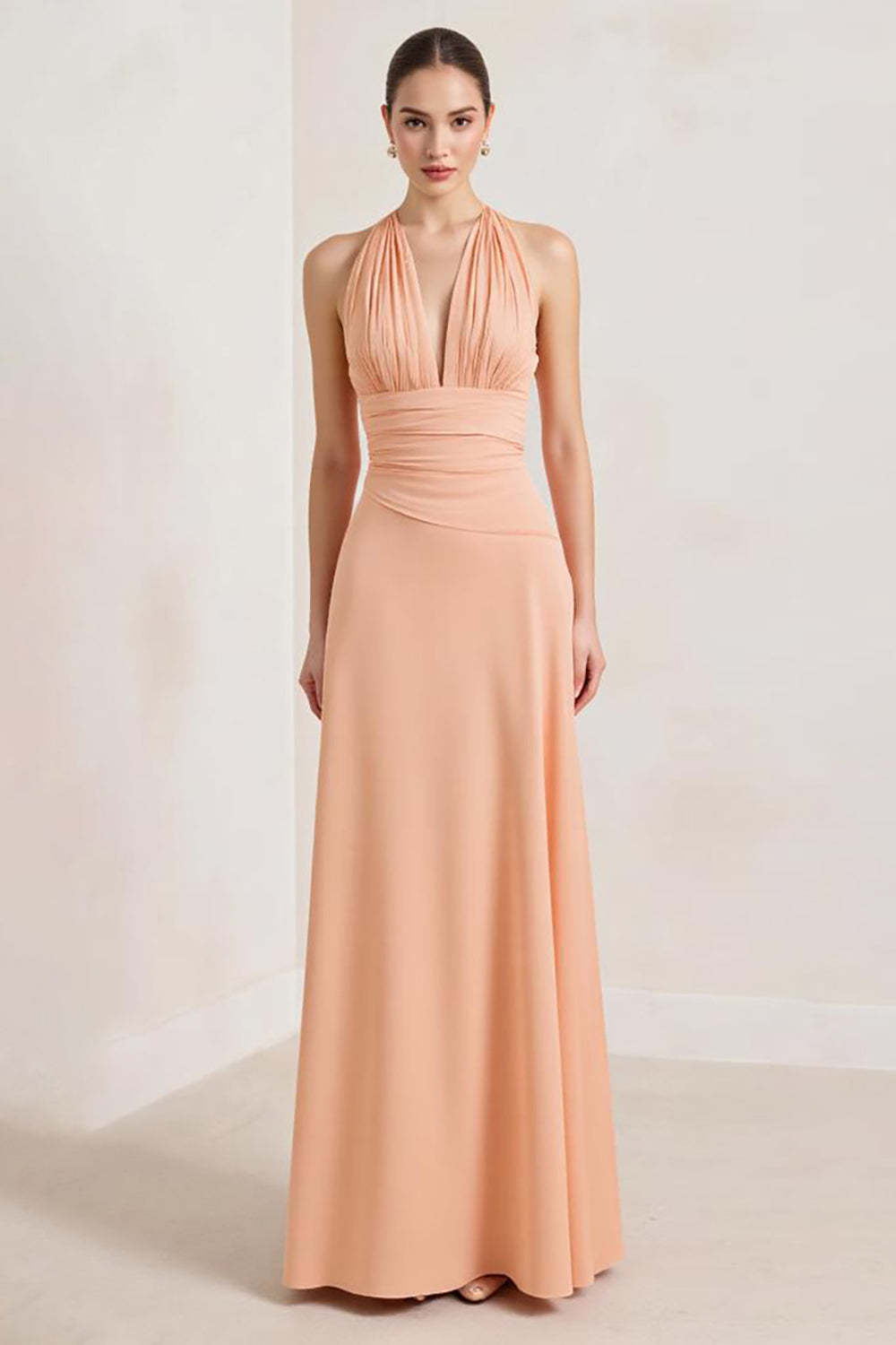 Suzhoufashion Peach Prom Dress Sheath Chiffon Deep V-Neck Ruched Long Formal Dress Suzhoufashion Peach Prom Dress Sheath Chiffon Deep V-Neck Ruched Long Formal Dress